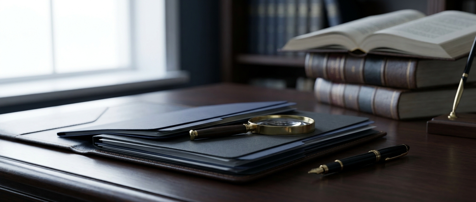 Actual Innocence Claim A Magnifying Glass On A Folder Of Documents Representing An Actual Innocence Claim And Newly Discovered Evidence