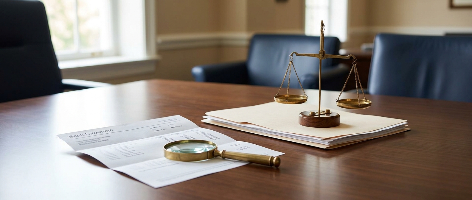 Money Laundering Lawyer Money Laundering Lawyer Concept Showing A Bank Statement, Magnifying Glass, And Scale Of Justice On An Attorney'S Desk