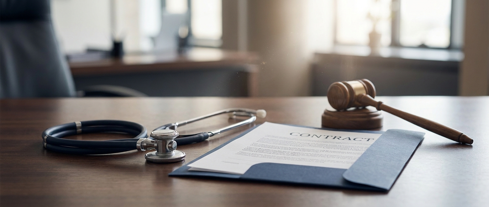 Anti-Kickback Statute Anti-Kickback Statute Lawyer Concept Showing A Stethoscope Beside A Gavel And Contract On An Attorney'S Desk