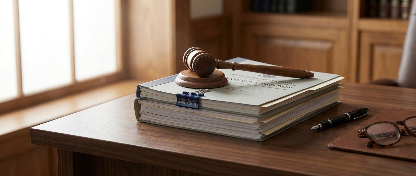 Bankruptcy Fraud Lawyer Bankruptcy Fraud Lawyer Concept Showing A Gavel On Bankruptcy Filing Documents At An Attorney'S Desk