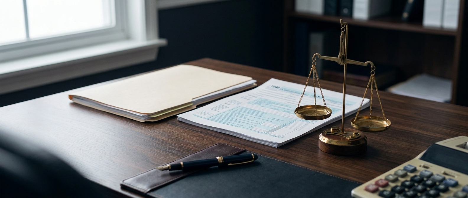 Criminal Tax Attorney Criminal Tax Attorney Concept Showing A Tax Return, Scale Of Justice, And Calculator On An Attorney'S Desk