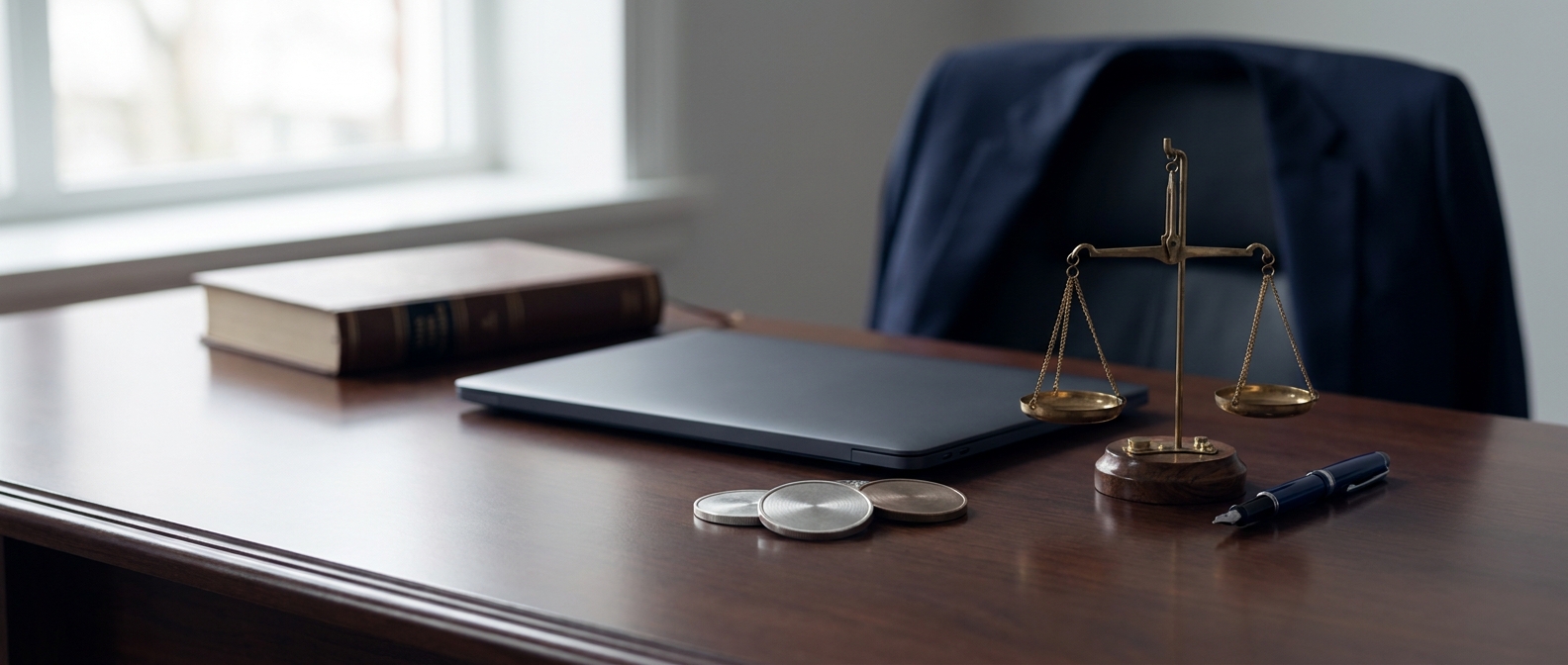 Cryptocurrency Fraud Lawyer Cryptocurrency Fraud Lawyer Concept Showing Metallic Coins, A Laptop, And A Scale Of Justice On An Attorney'S Desk