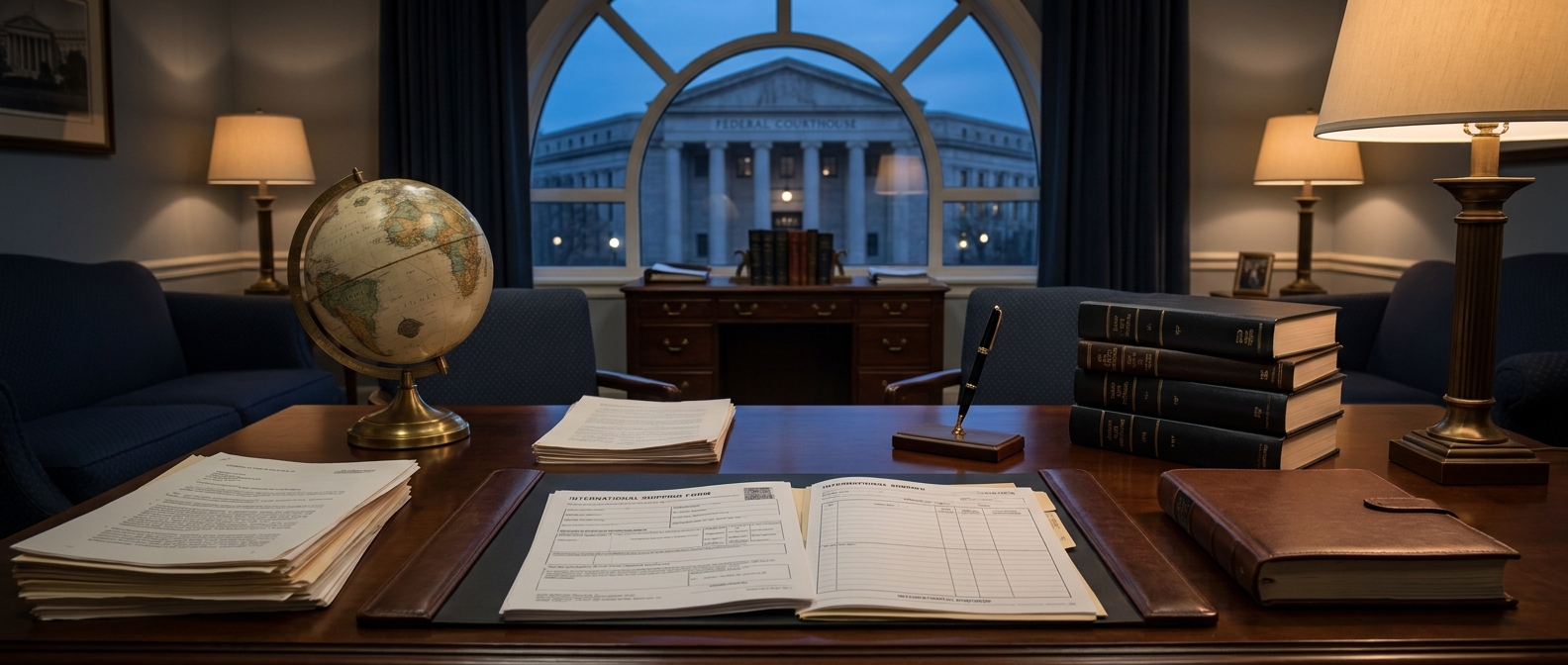 Export Control Violation Lawyer Export Control Violation Lawyer Reviewing International Shipping And Sanctions Documents At A Federal Defense Firm