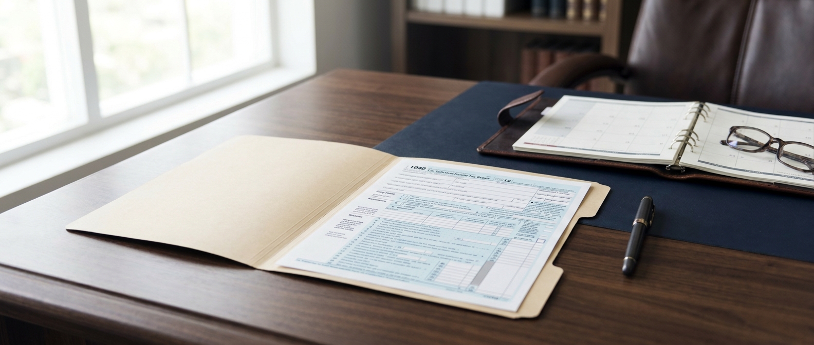 Failure To File Taxes Lawyer Failure To File Taxes Lawyer Concept Showing An Unfiled Tax Return And Calendar On An Attorney'S Desk