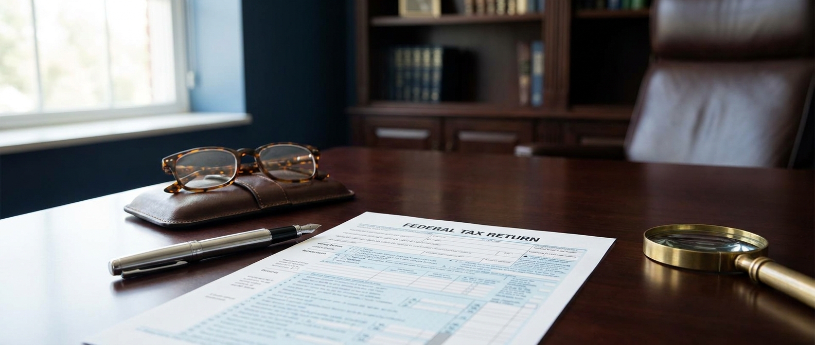 False Tax Return Lawyer False Tax Return Lawyer Concept Showing A Tax Return, Reading Glasses, And A Magnifying Glass On An Attorney'S Desk