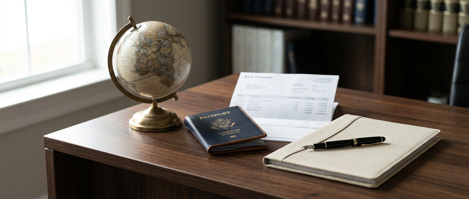 Fbar Lawyer Fbar Lawyer Concept Showing A Globe, A Bank Statement, And A Passport On An Attorney'S Desk