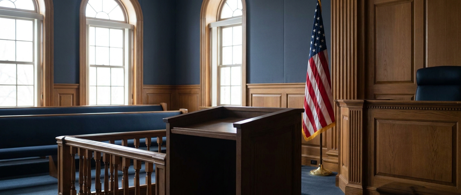 Federal Arraignment A Federal Courtroom Interior With The Judge'S Bench And United States Flag, Where Arraignments Are Held
