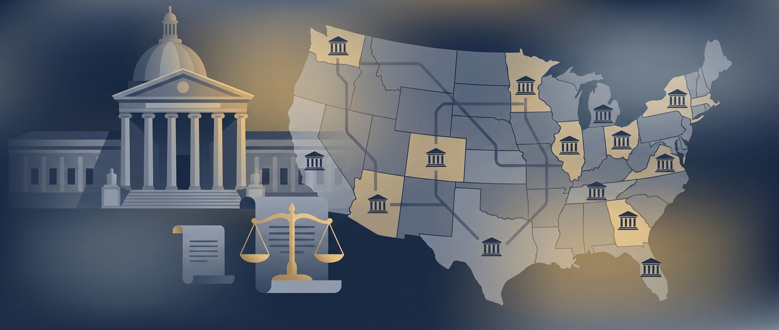 Federal Courts Conceptual Illustration Of Nationwide Federal Criminal Defense Practice Across The U.s. Court System