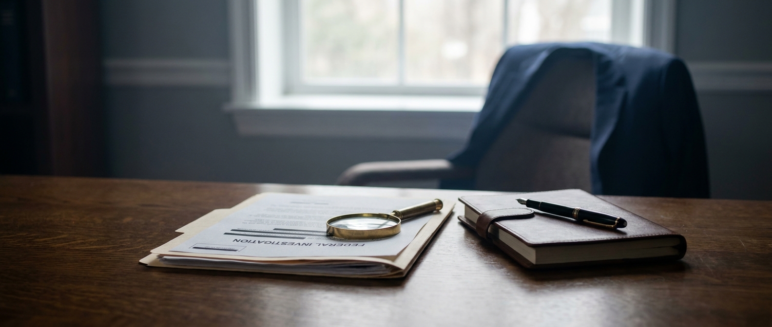 Federal Criminal Investigation Lawyer Federal Criminal Investigation Lawyer Concept Showing A Case File And Magnifying Glass On An Attorney'S Desk