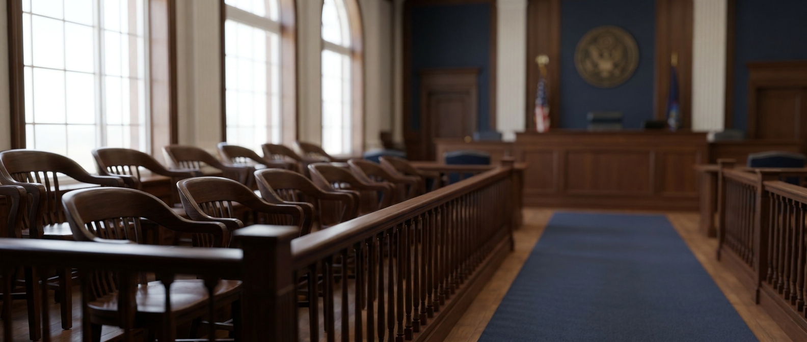 Federal Criminal Trial An Empty Federal Courtroom Jury Box Representing The Federal Criminal Trial Process