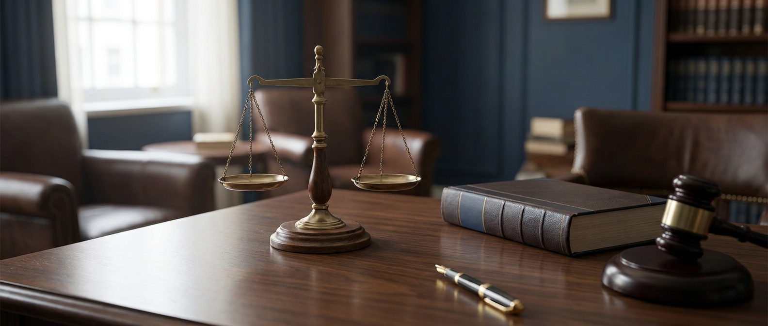 Federal Drug Trafficking Lawyer Federal Drug Trafficking Lawyer Concept Showing A Gavel, Legal Book, And Balance Scale On An Attorney'S Desk
