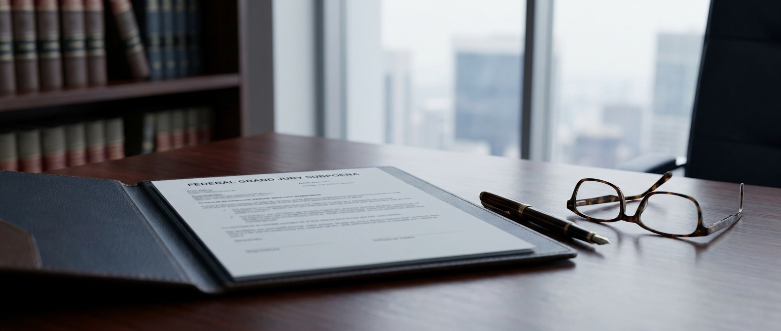 Grand Jury Subpoena A Federal Grand Jury Subpoena Document On An Attorney'S Desk With A Pen And Reading Glasses