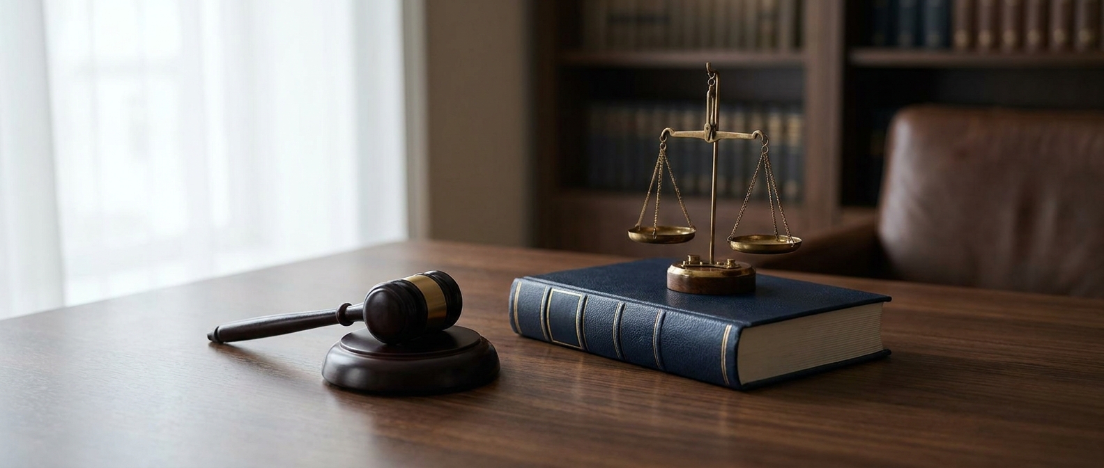 Federal Gun Crime Lawyer Federal Gun Crime Lawyer Concept Showing A Gavel, Law Book, And Scale Of Justice On An Attorney'S Desk