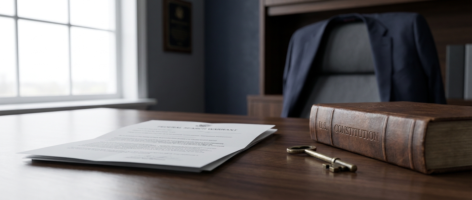 Federal Search Warrant A Federal Search Warrant Document And The U.s. Constitution On An Attorney'S Desk