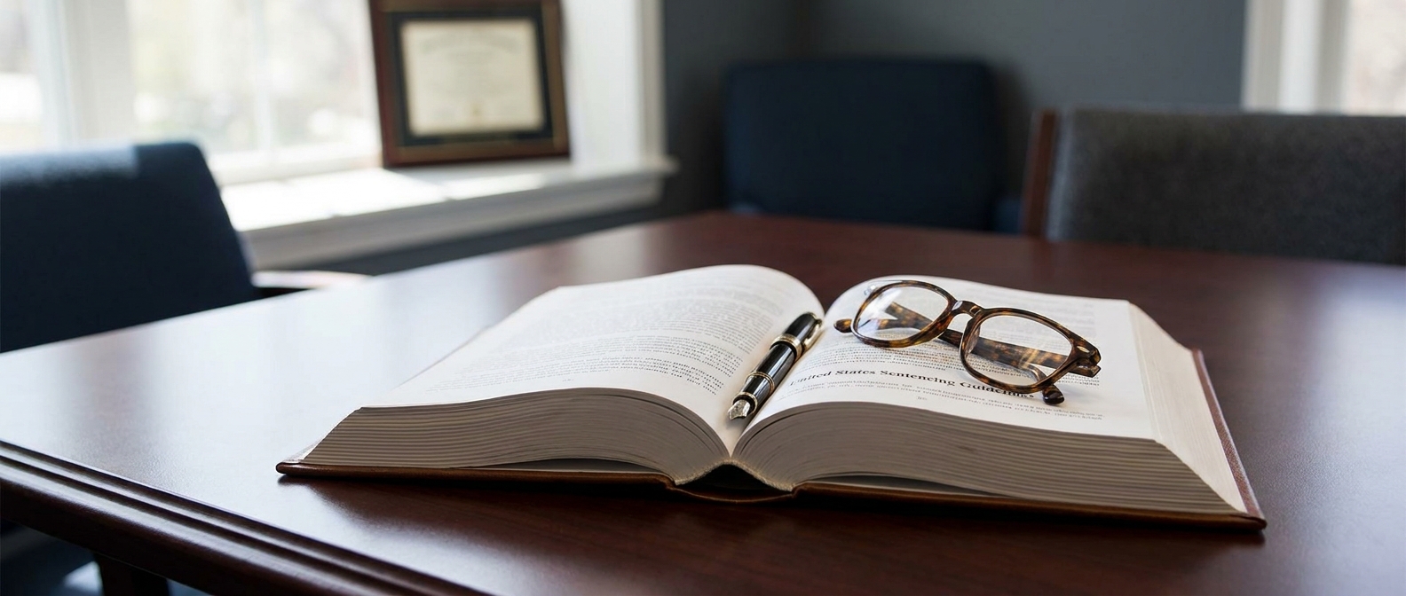 Federal Sentencing Guidelines The Open United States Sentencing Guidelines Manual On An Attorney'S Desk With Reading Glasses And A Pen