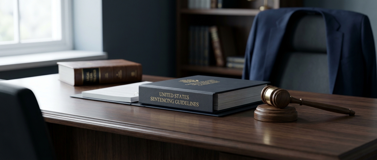 Federal Sentencing The U.s. Sentencing Guidelines Manual And A Gavel On An Attorney'S Desk Representing Federal Sentencing