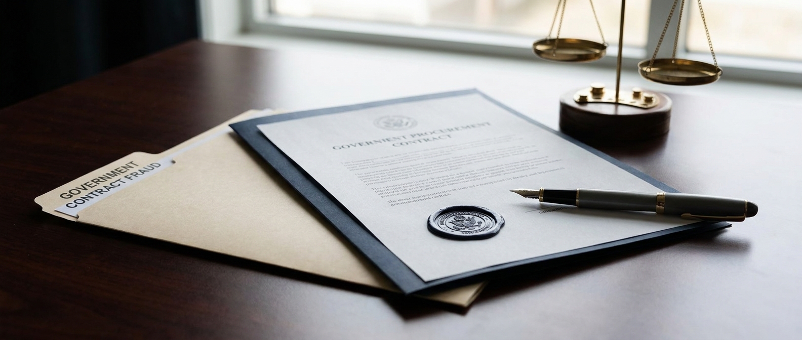 Government Contract Fraud Lawyer Government Contract Fraud Lawyer Concept Showing A Procurement Contract And Scale Of Justice On An Attorney'S Desk