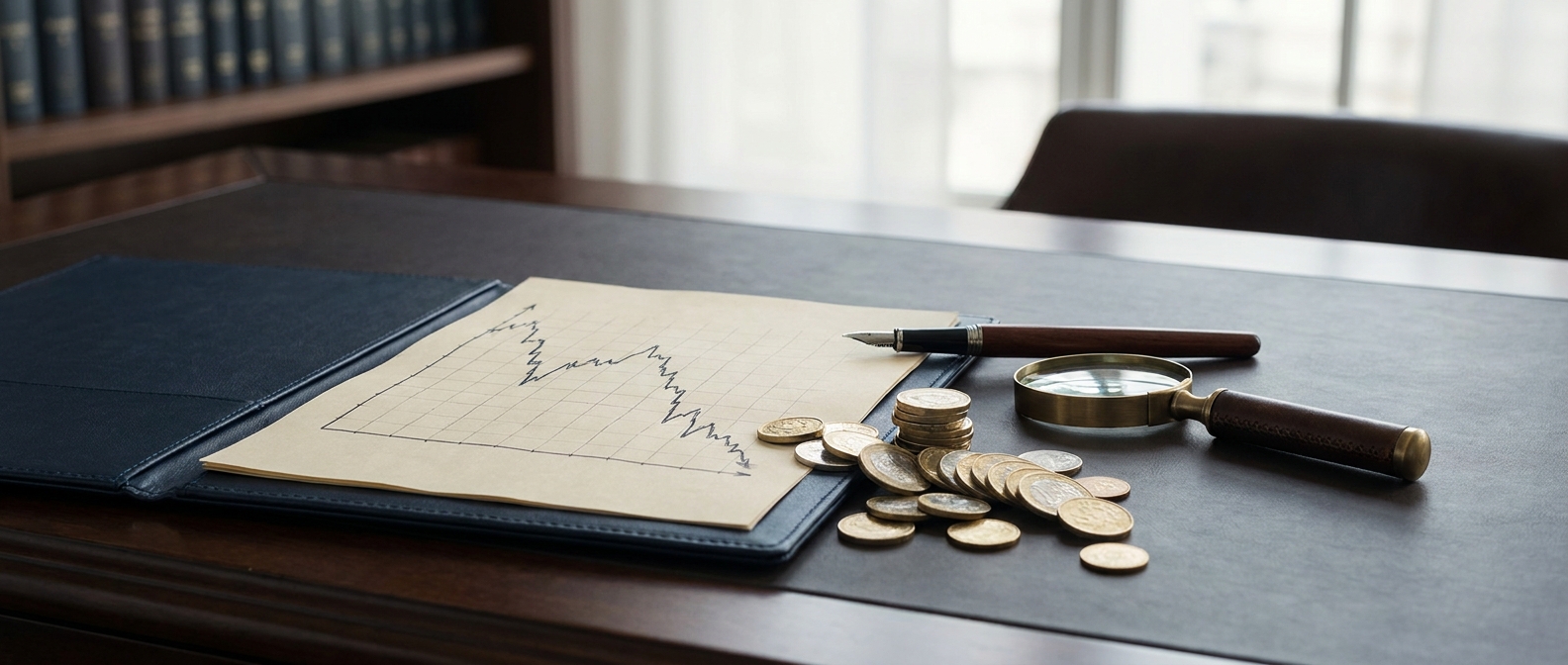 Investment Fraud Lawyer Investment Fraud Lawyer Concept Showing Toppling Coins And A Falling Chart On An Attorney'S Desk