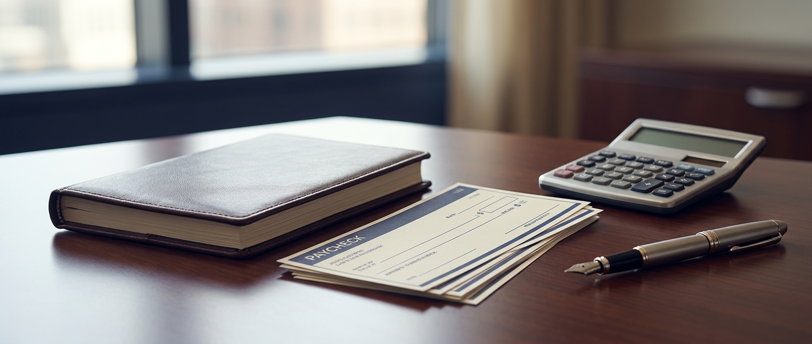 Payroll Tax Fraud Lawyer Payroll Tax Fraud Lawyer Concept Showing A Payroll Ledger And Calculator On An Attorney'S Desk