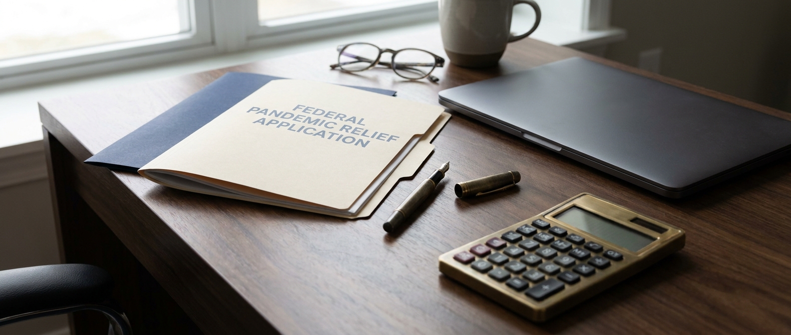 Ppp Loan Fraud Lawyer Ppp Loan Fraud Lawyer Concept Showing A Small-Business Loan Application And Calculator On An Attorney'S Desk