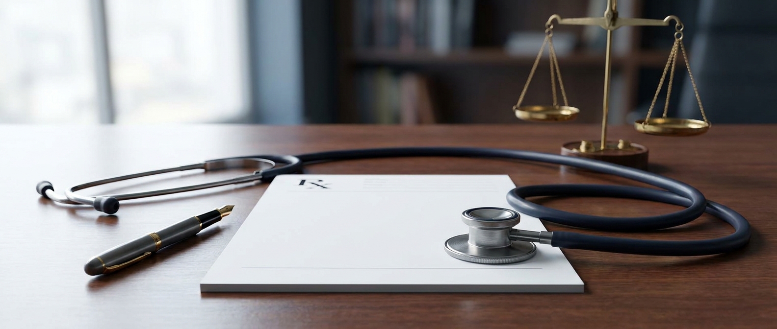 Prescription Drug Diversion Prescription Drug Fraud Lawyer Concept Showing A Prescription Pad, Stethoscope, And Scale Of Justice On An Attorney'S Desk
