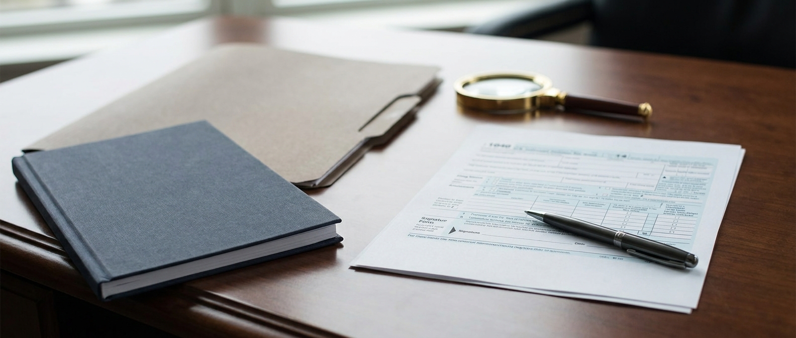 Tax Fraud Lawyer Tax Fraud Lawyer Concept Showing A Tax Return With A Pen On The Signature Line And A Magnifying Glass On An Attorney'S Desk